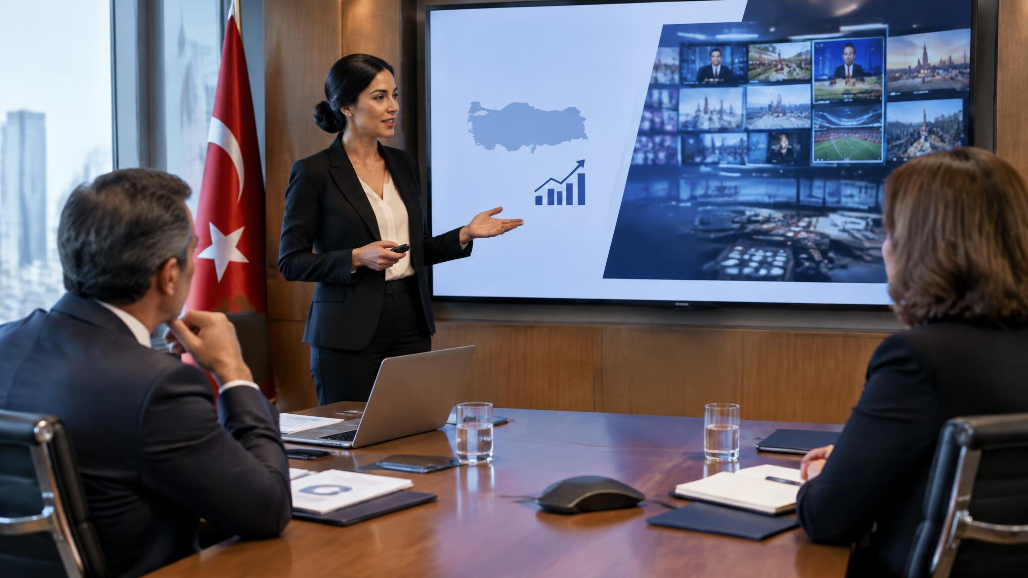Corporate consulting meeting between a consultant and television network executives