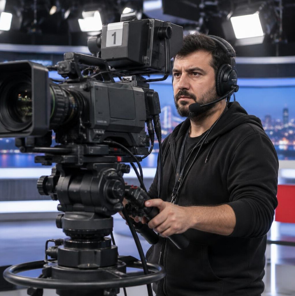 Cameraman operating a professional television camera in a studio