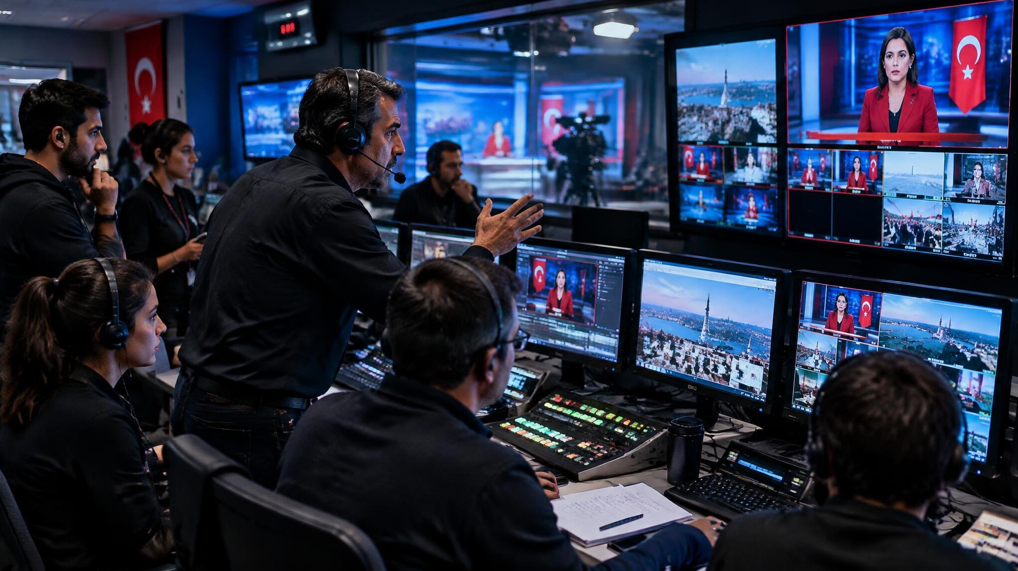 TV studio control room with director and crew managing a live broadcast