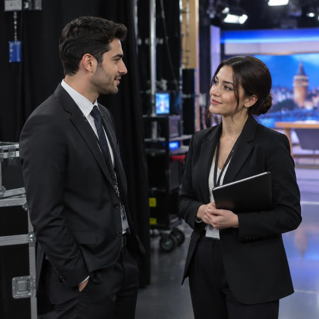 Two colleagues having a calm conversation backstage in a TV studio